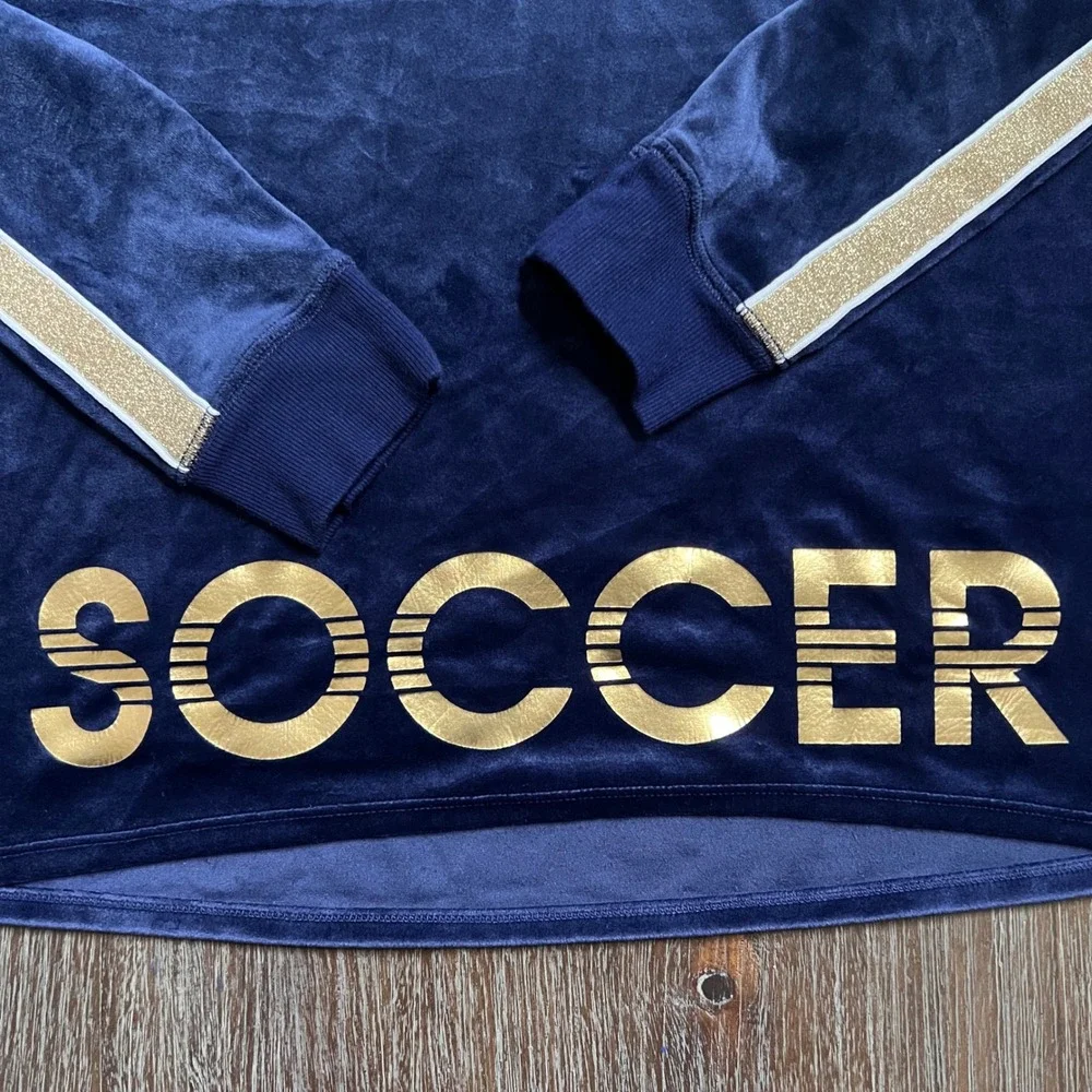 Justice Active Velour Soccer Hoodie Girls Size‎ 14/16 Navy Gold Glitter Stripes